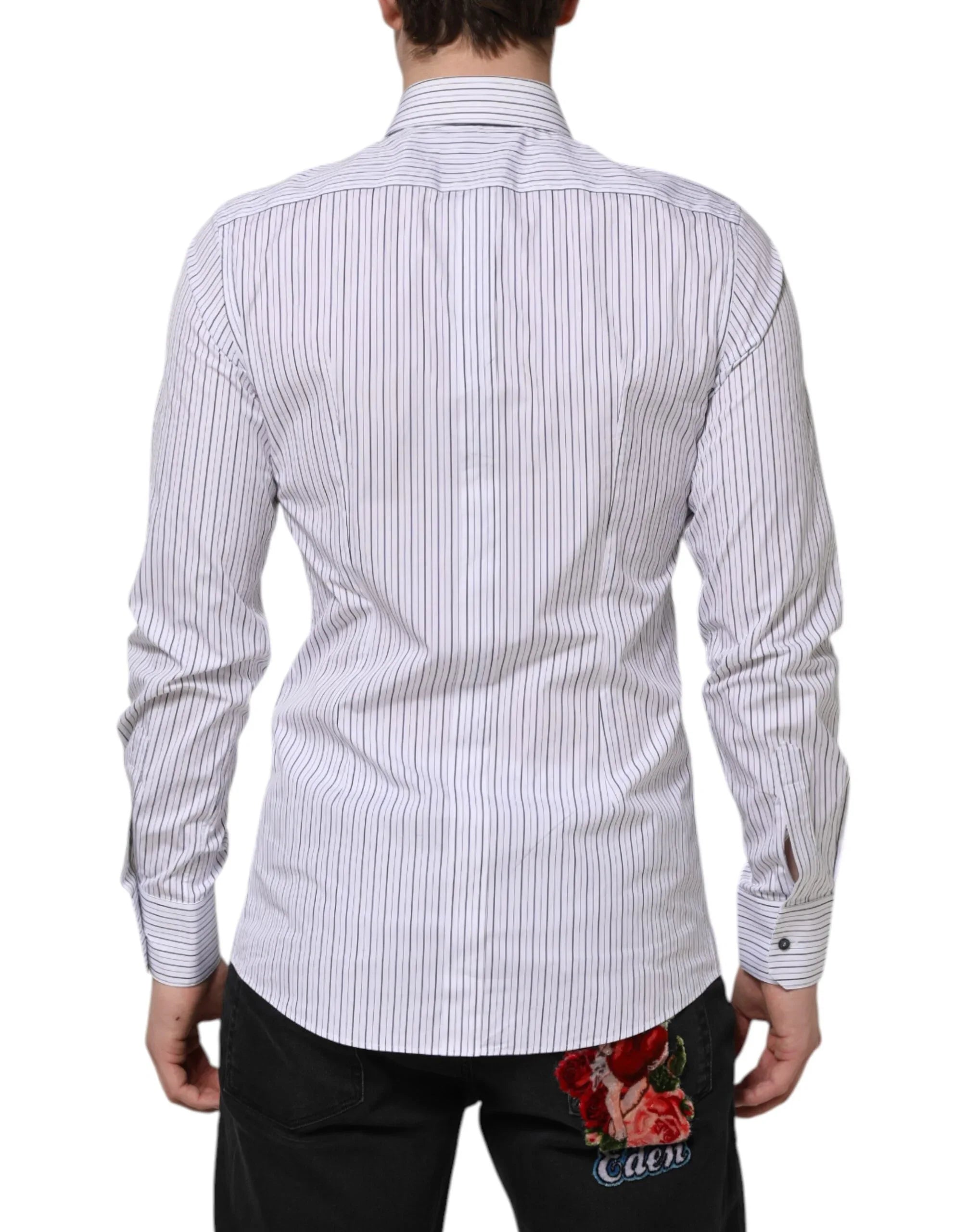 Dolce & Gabbana White Blue Striped Cotton GOLD Formal Shirt - Zeiniez