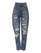Dolce & Gabbana Blue Cotton Tattered High Waist Denim Jeans