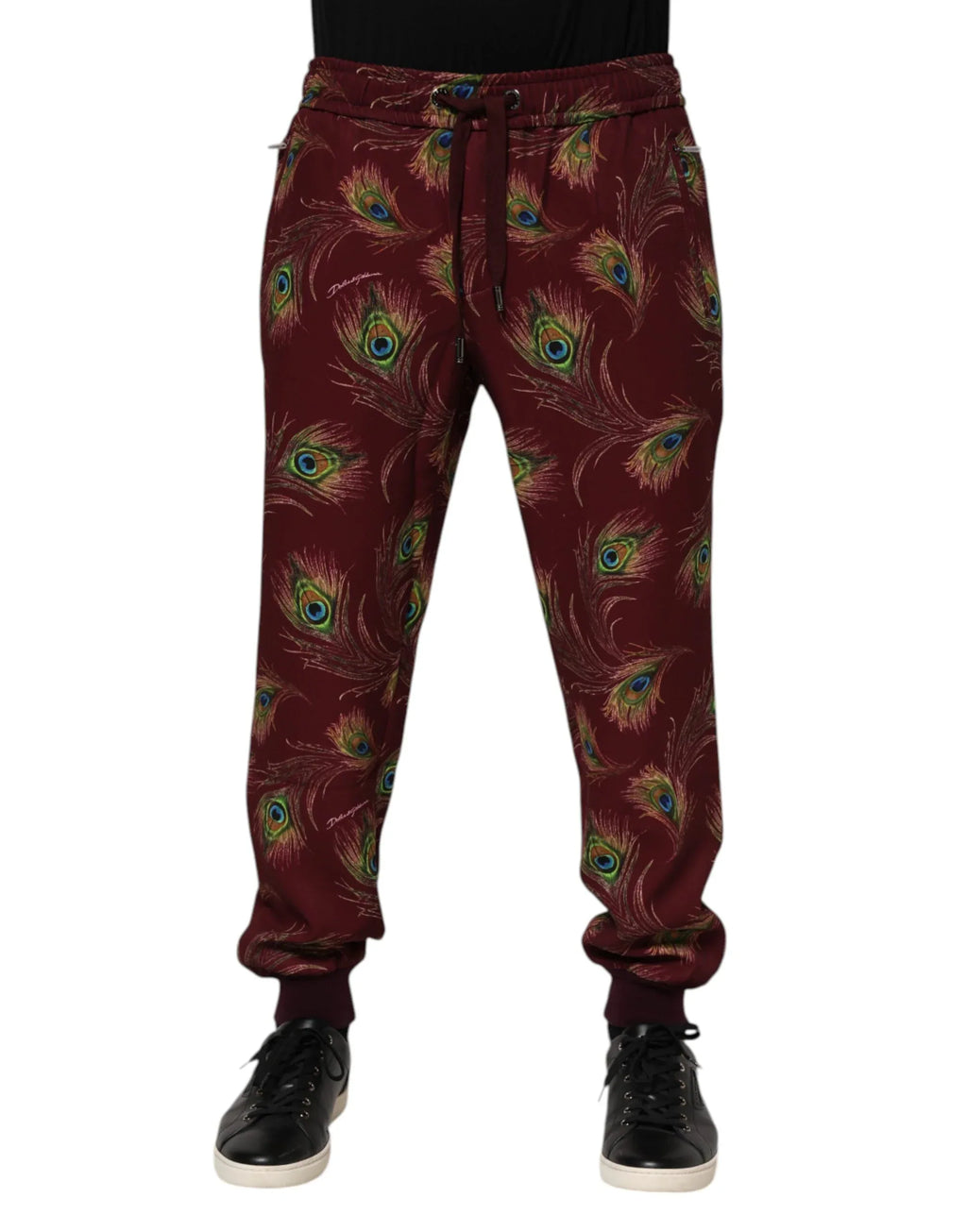 Dolce & Gabbana Burgundy Peacock Feather Print Jogger Pants - Zeiniez