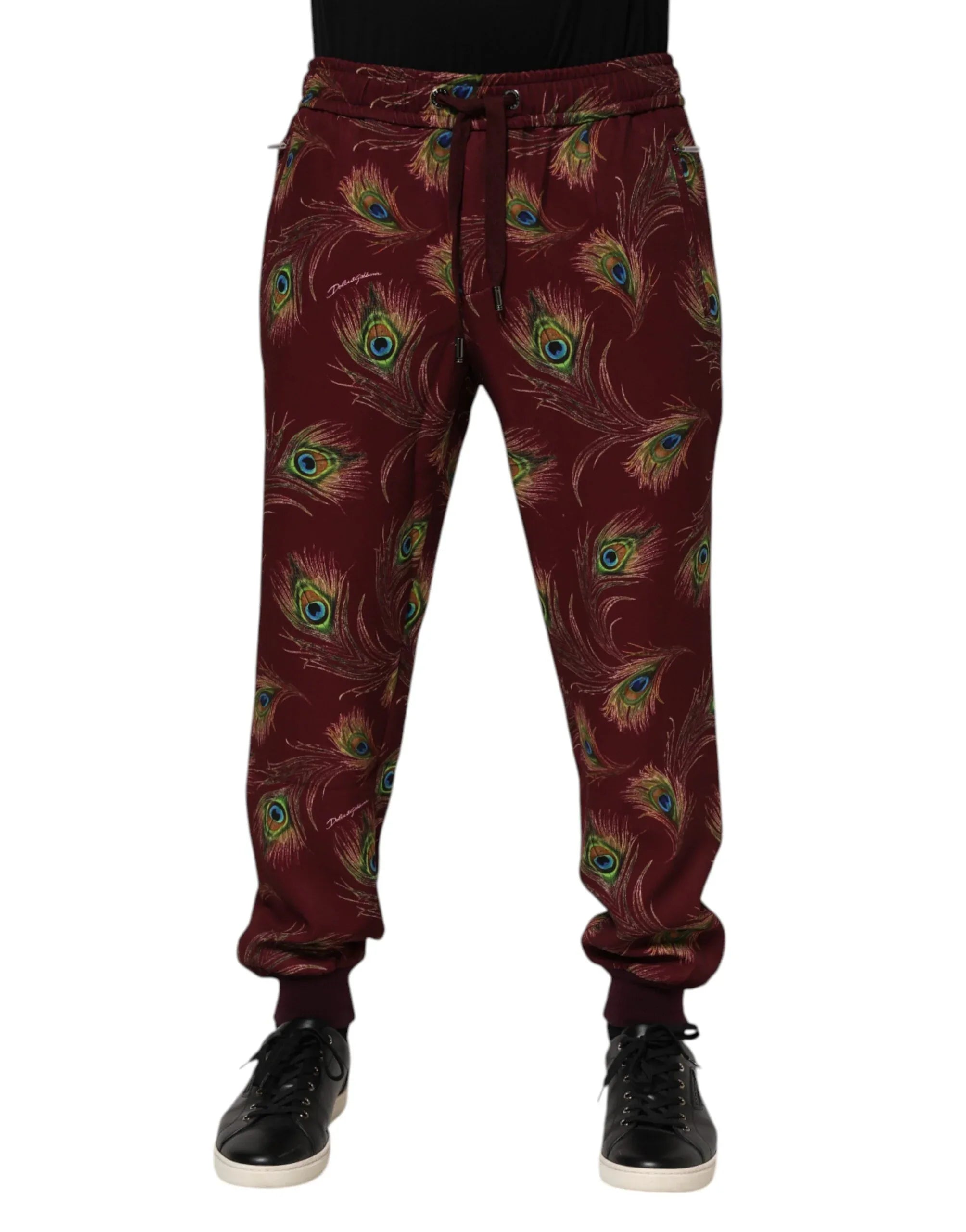 Dolce & Gabbana Burgundy Peacock Feather Print Jogger Pants - Zeiniez
