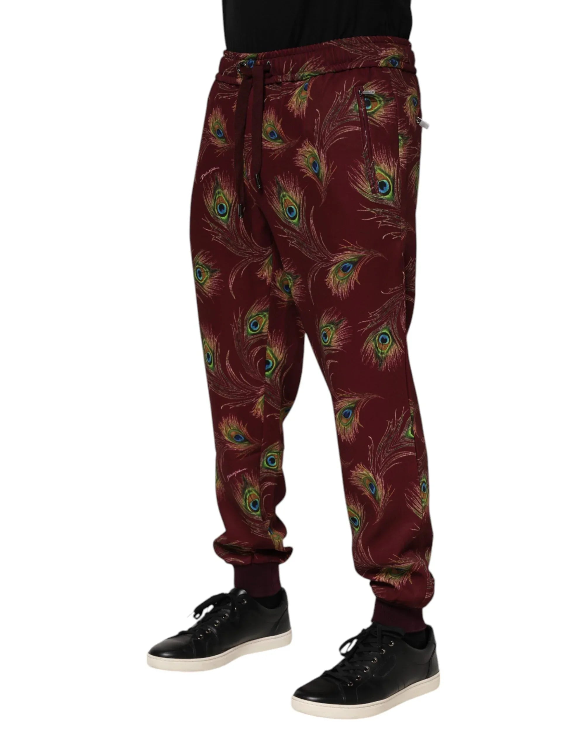 Dolce & Gabbana Burgundy Peacock Feather Print Jogger Pants - Zeiniez