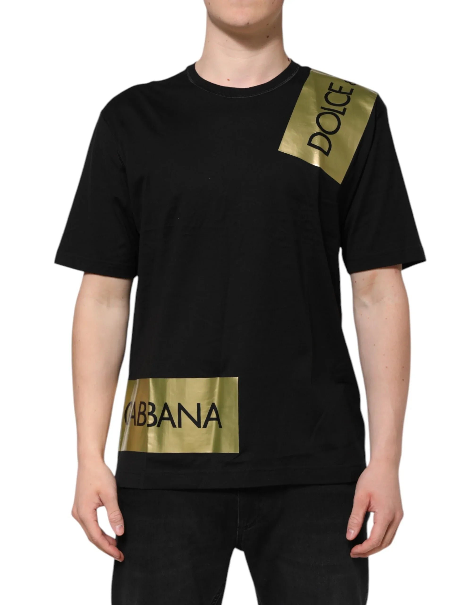 Dolce & Gabbana Black Logo Tape Cotton Men Crew Neck T-shirt - Zeiniez