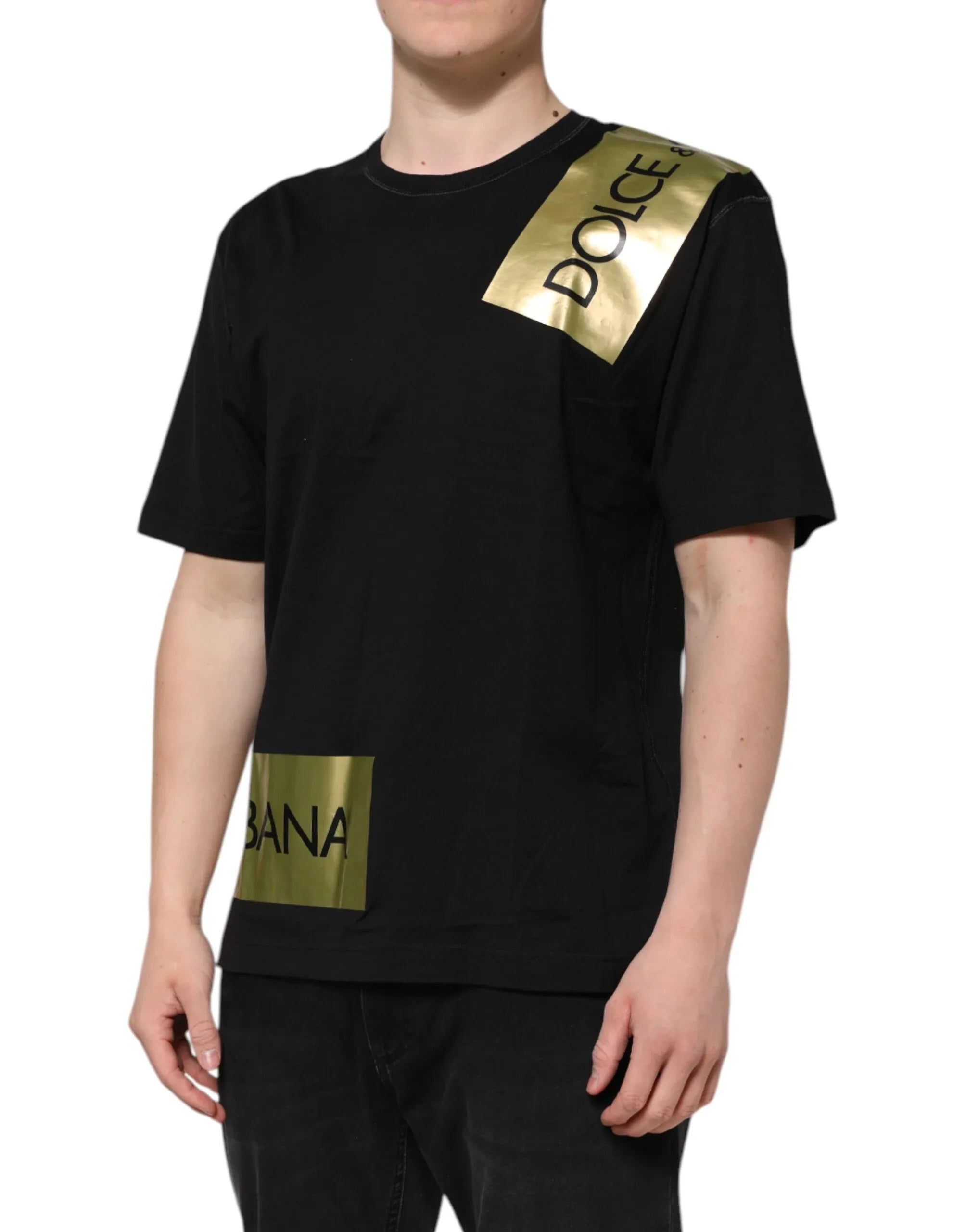 Dolce & Gabbana Black Logo Tape Cotton Men Crew Neck T-shirt - Zeiniez