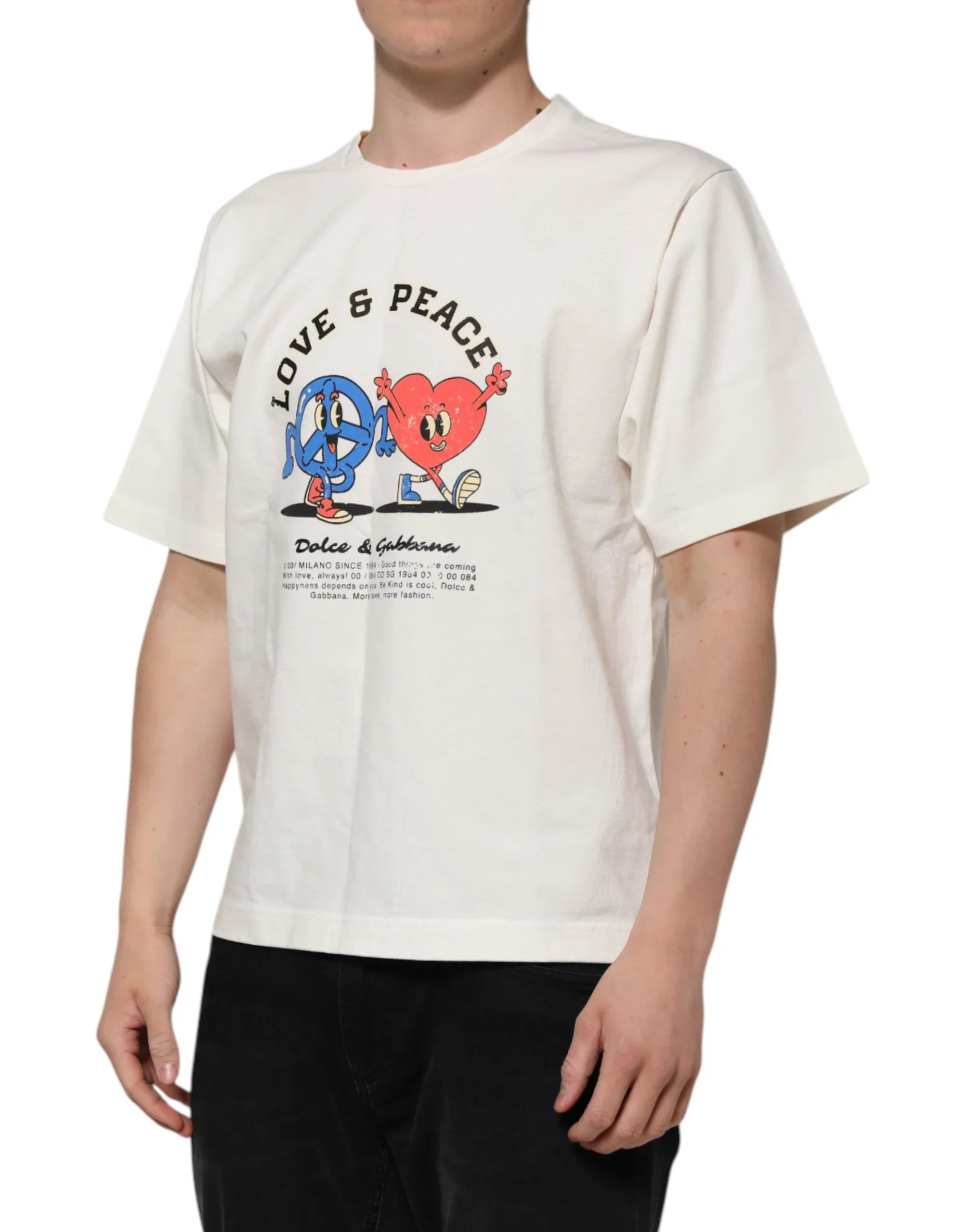 Dolce & Gabbana White Love Peace Cotton Men Crew Neck T-shirt - Zeiniez
