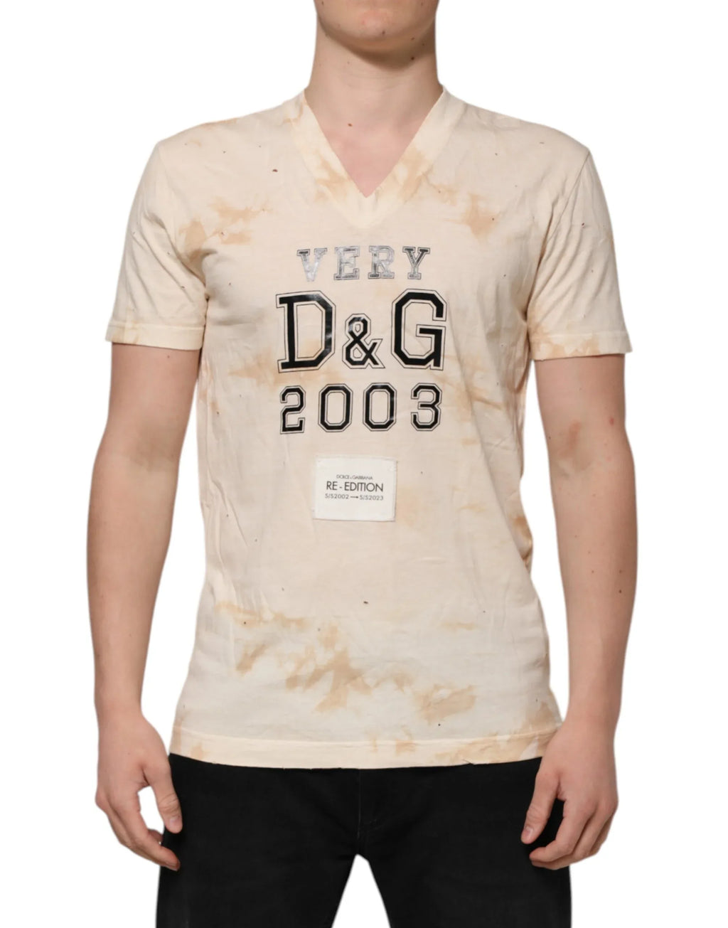 Dolce & Gabbana Beige Logo Print Short Sleeve V-neck T-shirt - Zeiniez