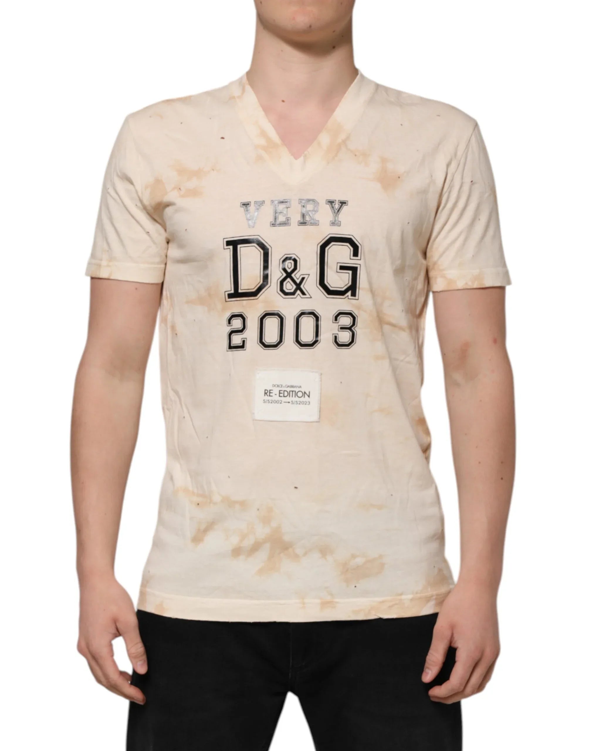Dolce & Gabbana Beige Logo Print Short Sleeve V-neck T-shirt - Zeiniez