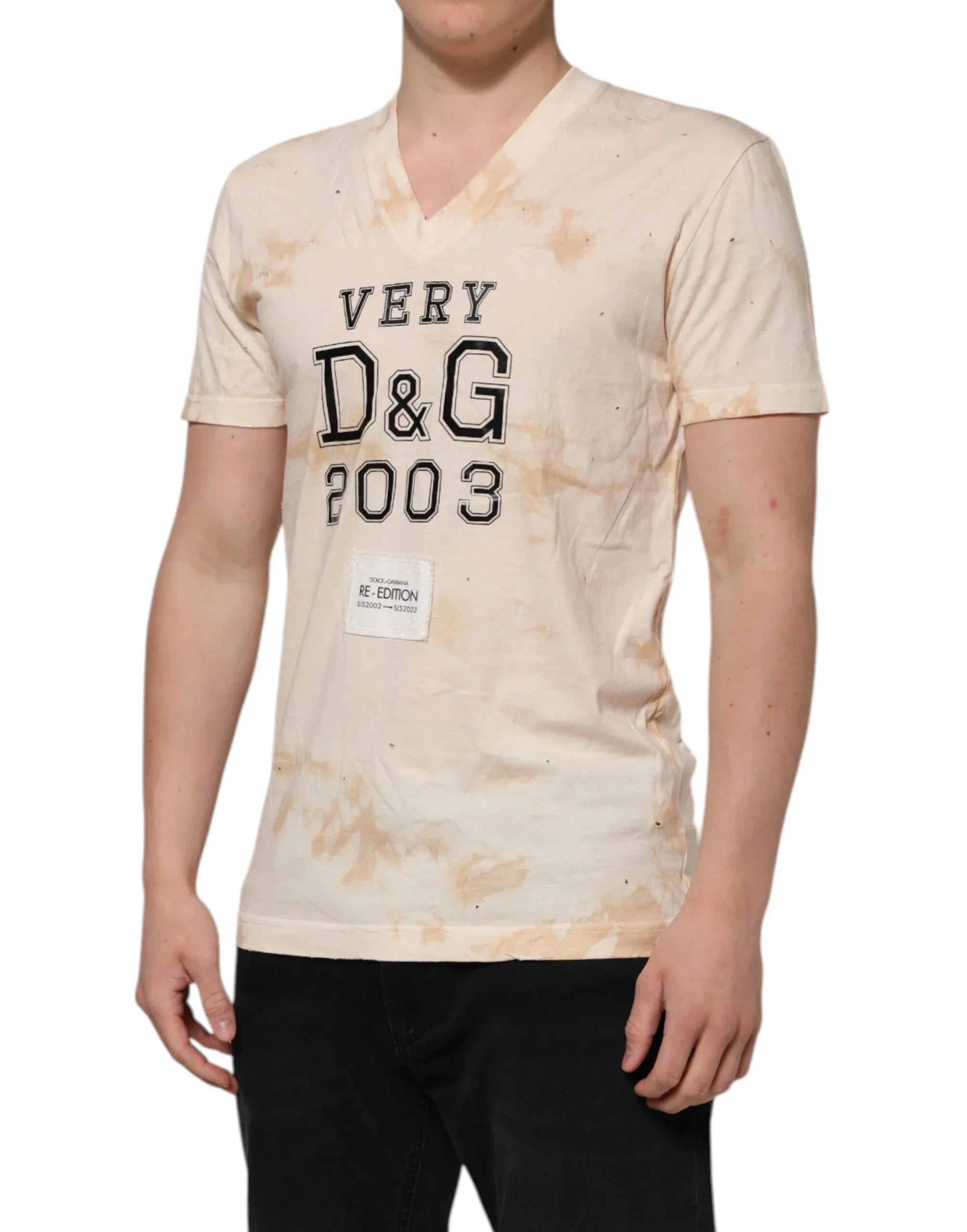 Dolce & Gabbana Beige Logo Print Short Sleeve V-neck T-shirt - Zeiniez