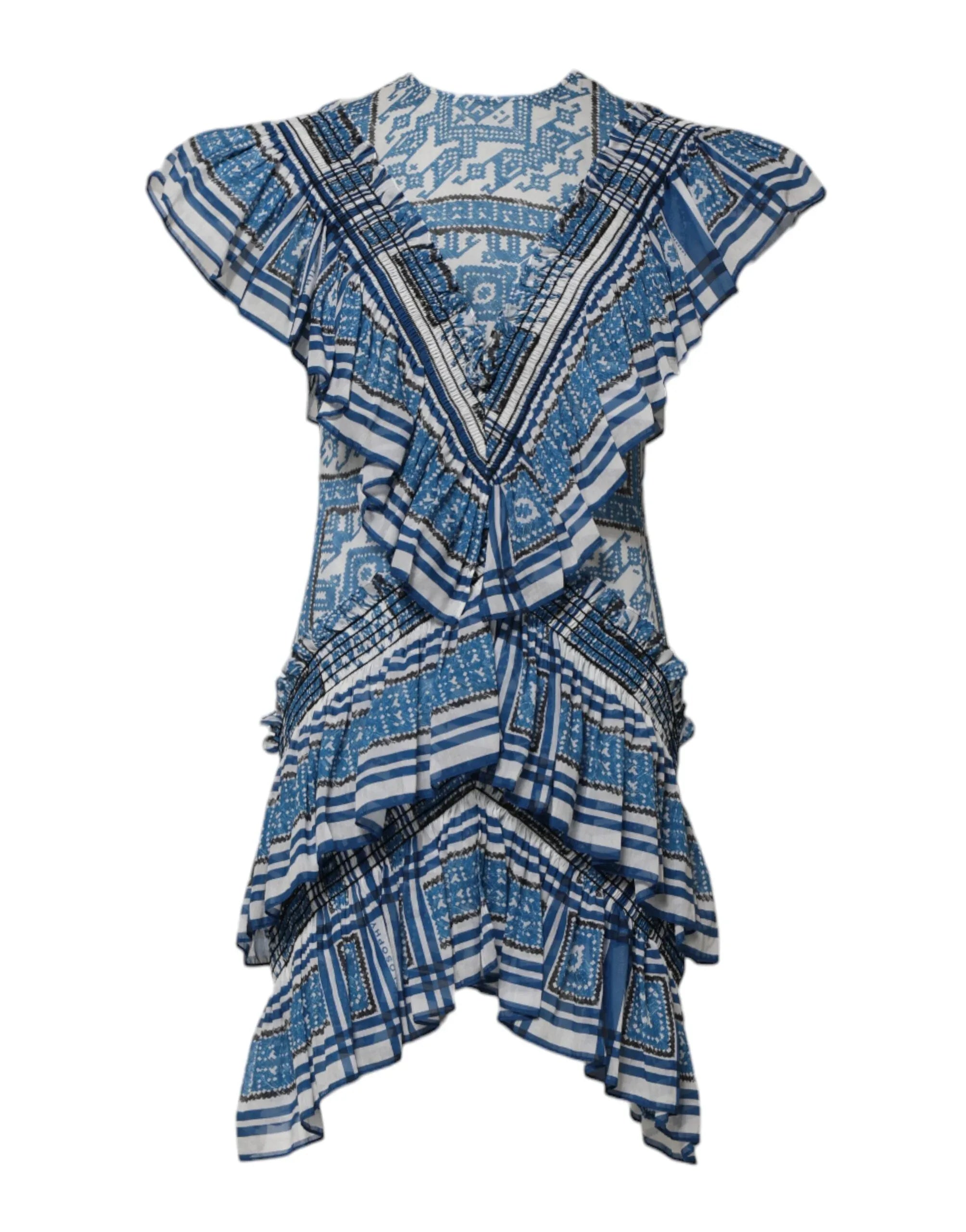 Philosophy di Lorenzo Serafini Blue Patterned Layered Short Sleeves Mini Dress - Zeiniez