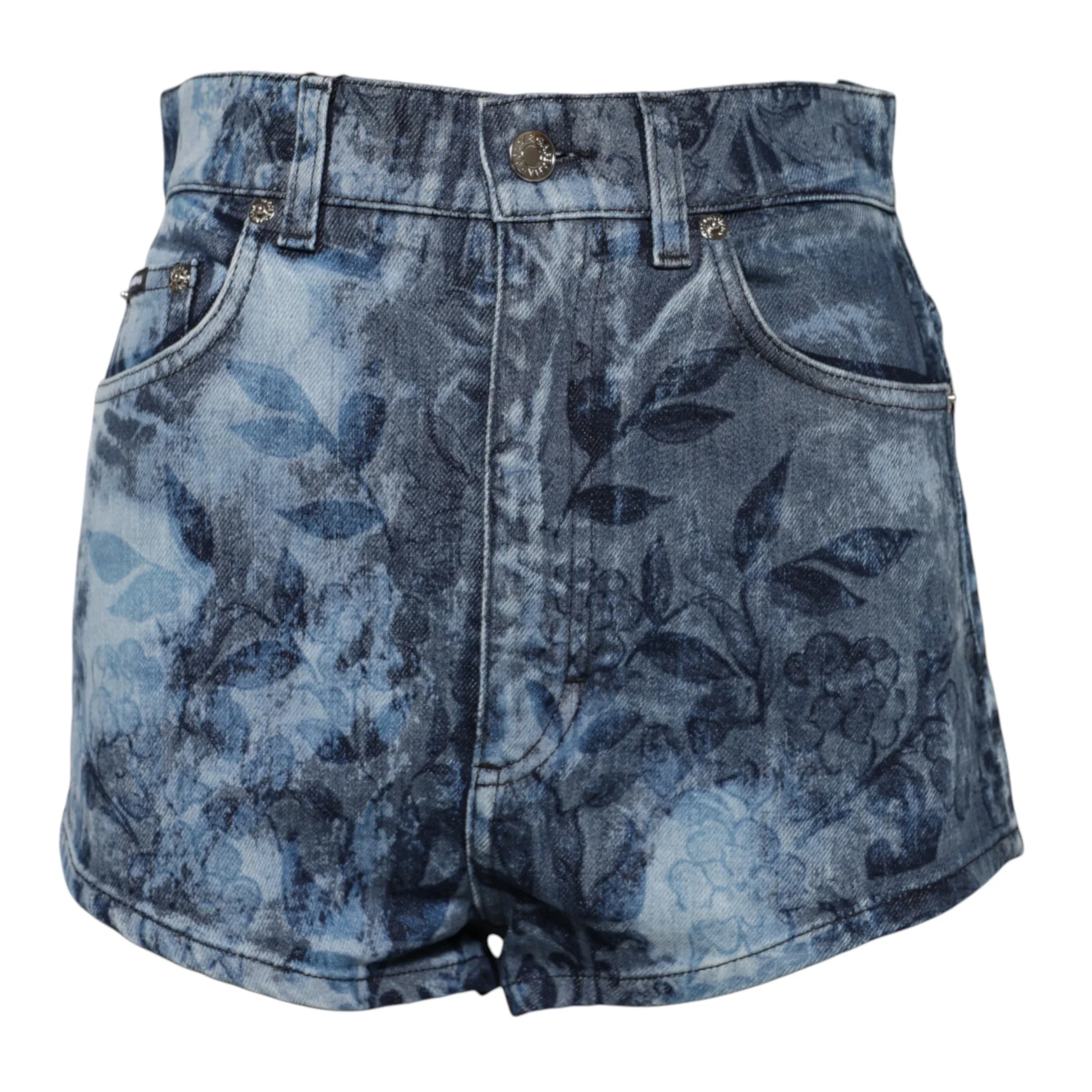 Dolce & Gabbana Blue Floral Print Denim Cotton Hot Pants Shorts - Zeiniez