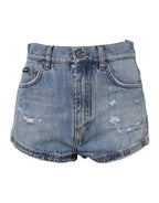 Dolce & Gabbana Blue Logo Plaque Denim Cotton Hot Pants Shorts - Zeiniez