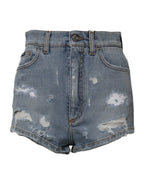 Dolce & Gabbana Blue Tattered Denim Cotton Hot Pants Shorts - Zeiniez