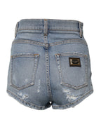 Dolce & Gabbana Blue Tattered Denim Cotton Hot Pants Shorts - Zeiniez