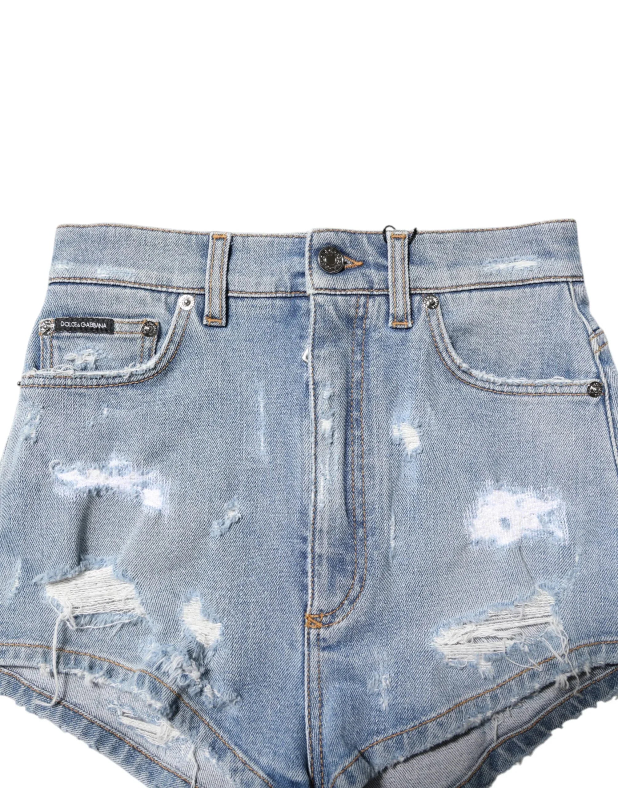 Dolce & Gabbana Blue Tattered Denim Cotton Hot Pants Shorts - Zeiniez