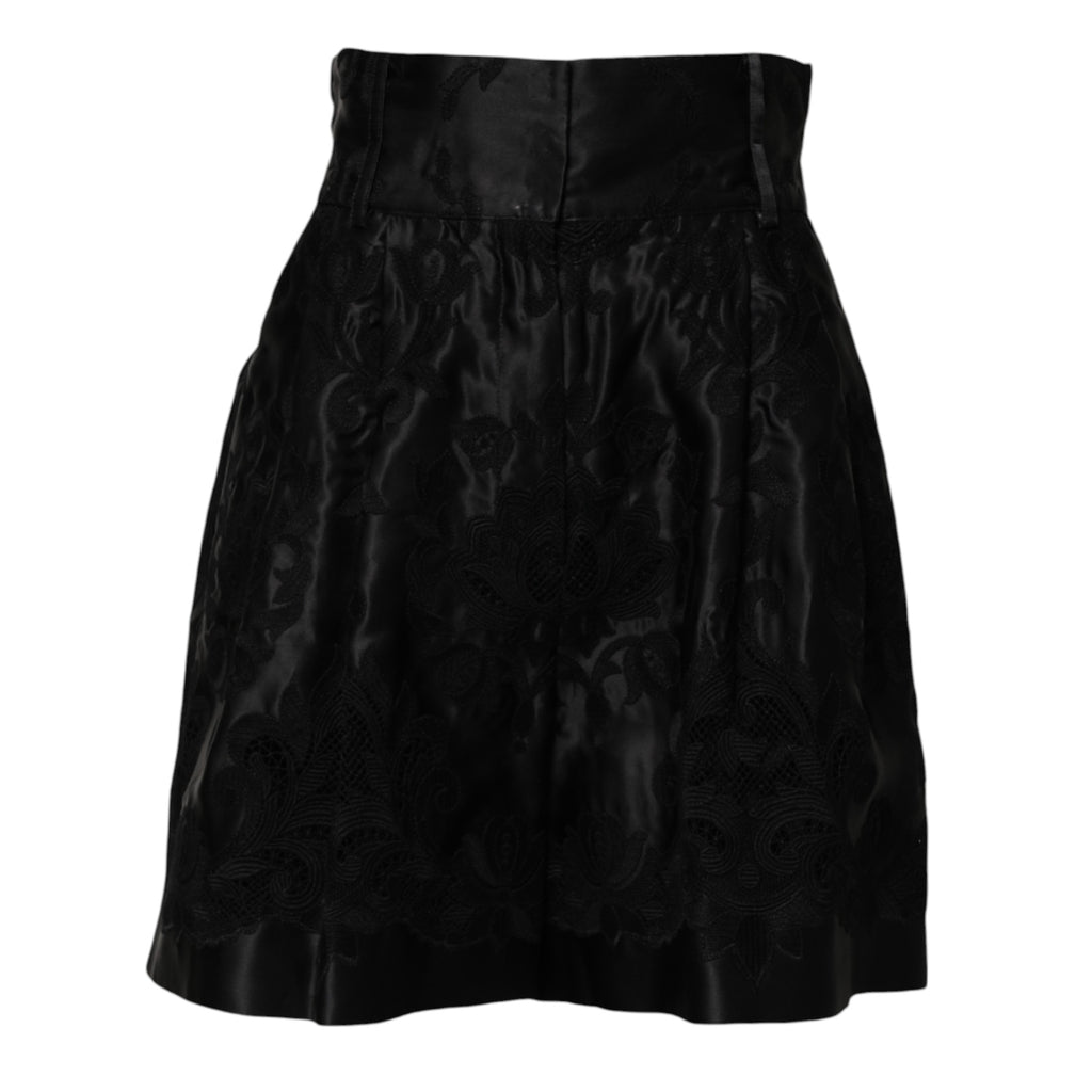 Dolce & Gabbana Black Floral Embroidery Silk High Waist Shorts