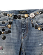 Dolce & Gabbana Blue Embellished Tattered SkinnyDenim Jeans - Zeiniez