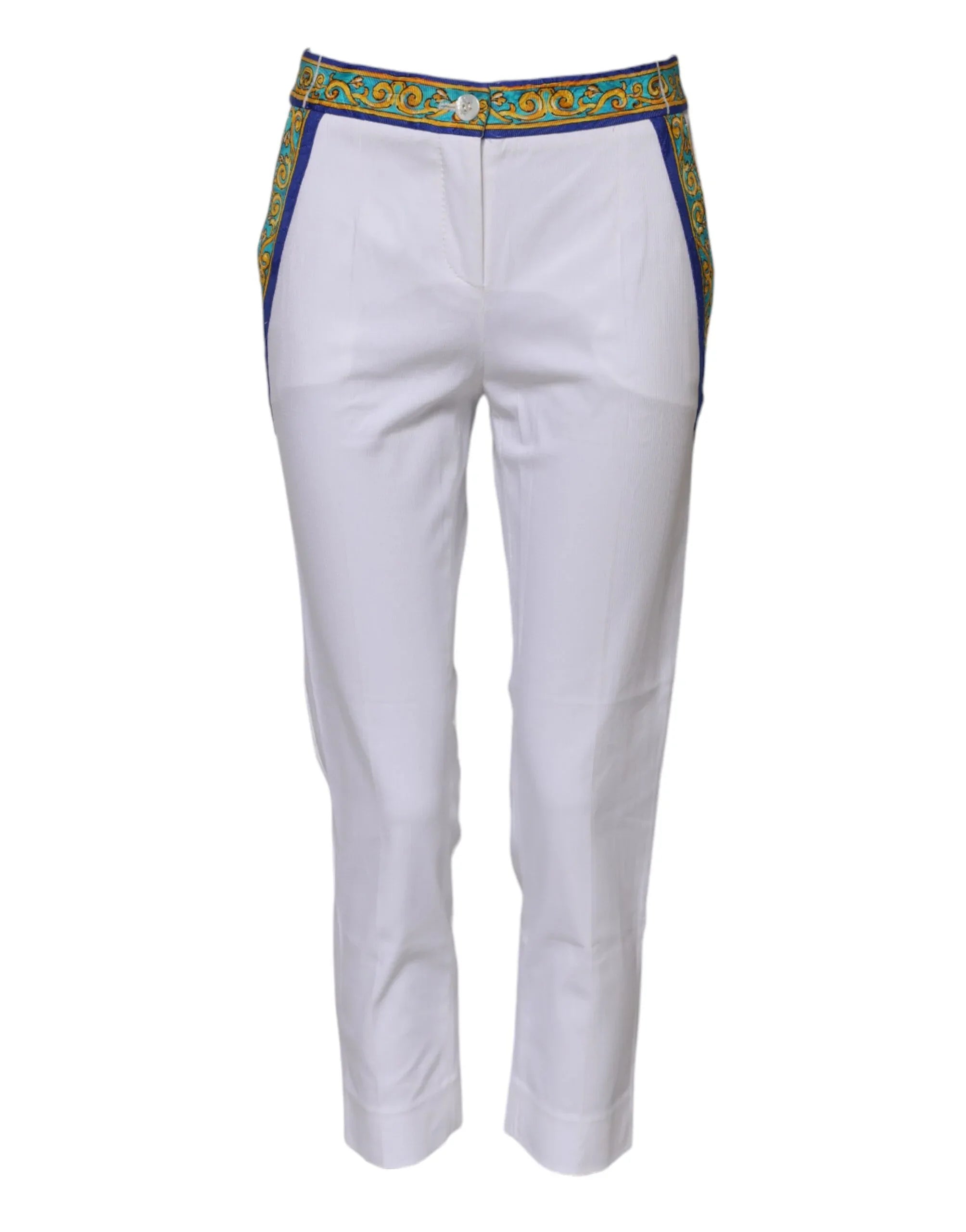 Dolce & Gabbana White Cotton Mid Waist Tapered Trouser Pants - Zeiniez