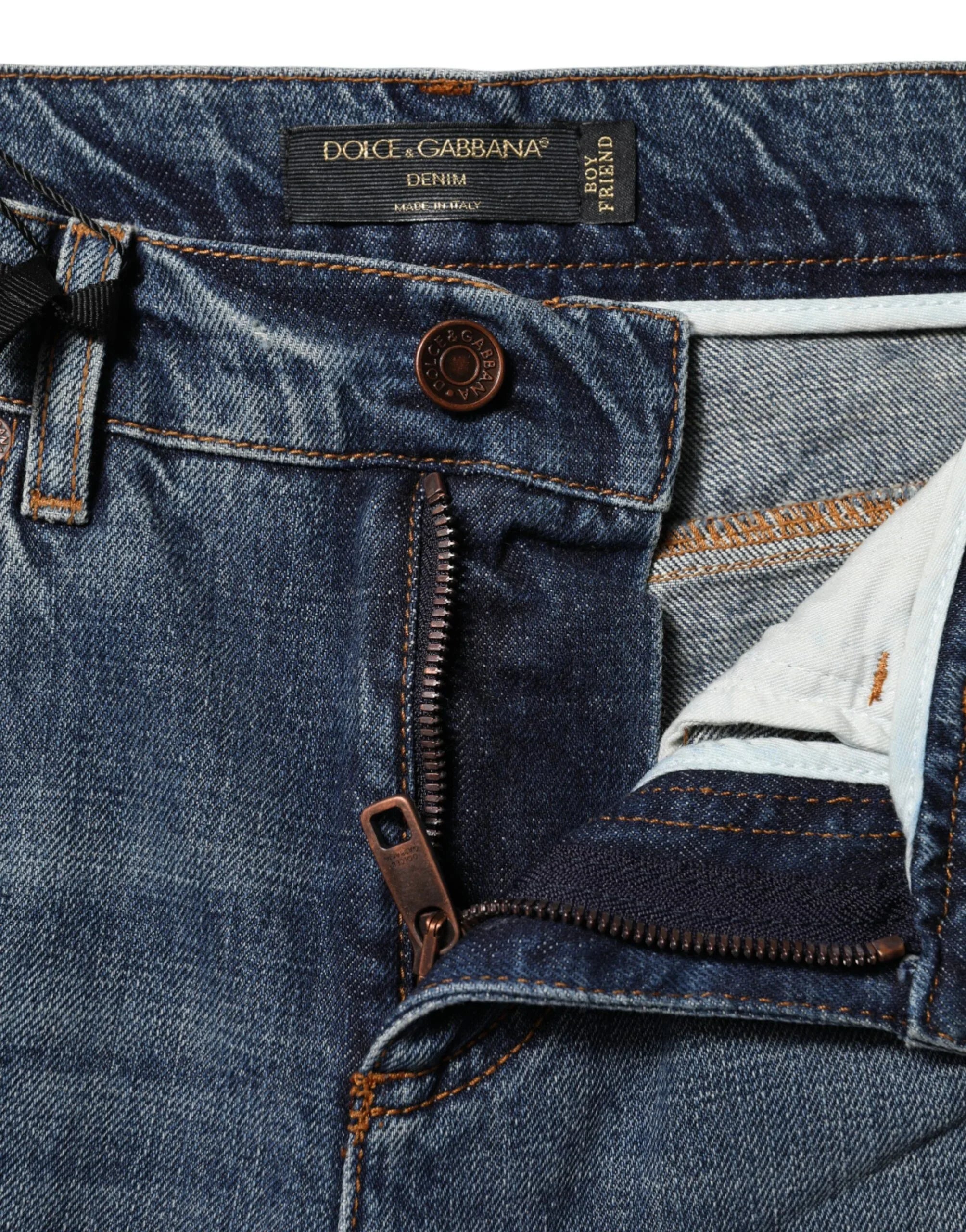 Dolce & Gabbana Blue Cotton Tattered Mid Waist Denim Jeans - Zeiniez