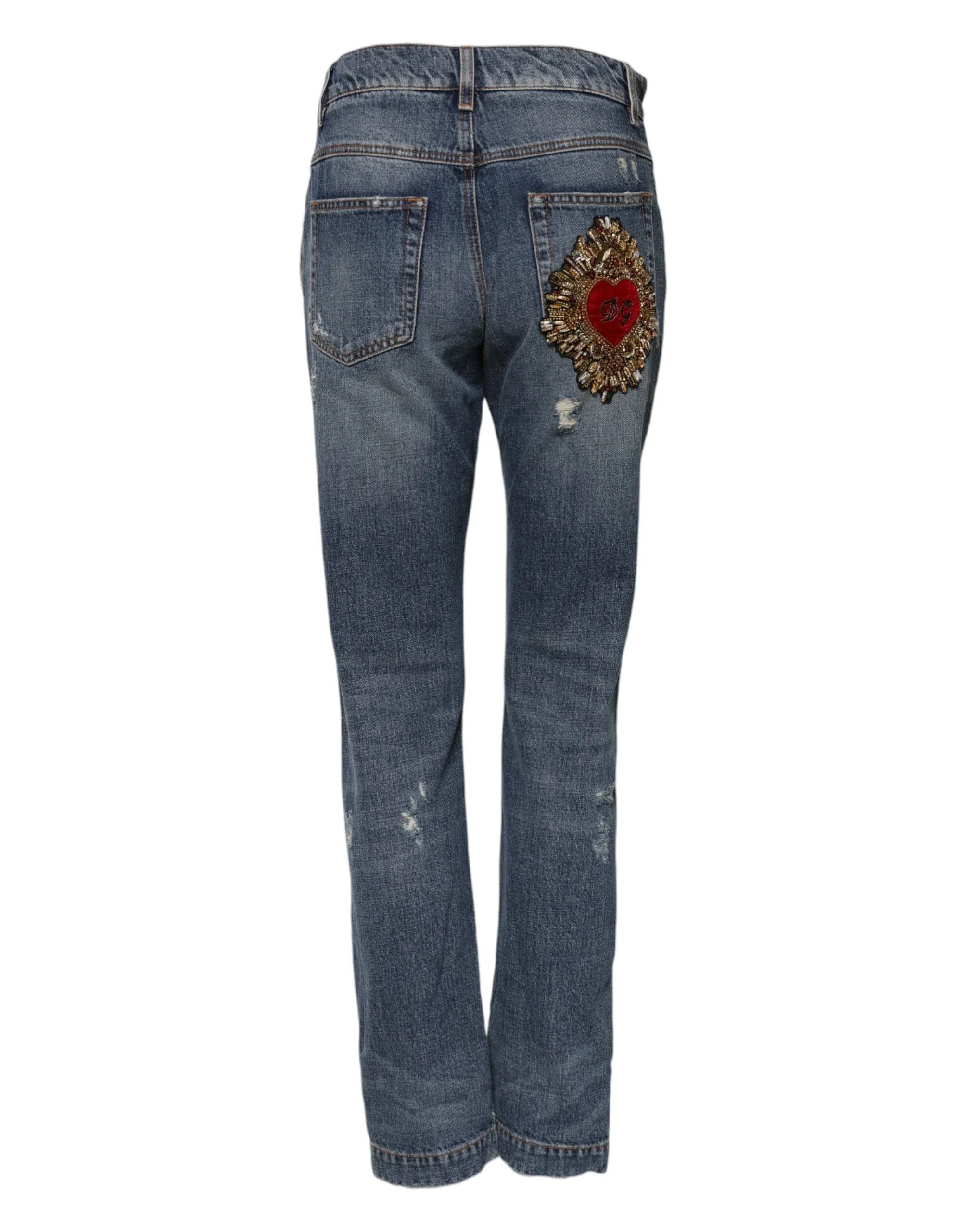 Dolce & Gabbana Blue Cotton Tattered Mid Waist Denim Jeans - Zeiniez