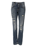 Dolce & Gabbana Blue Cotton Tattered Mid Waist Denim Jeans - Zeiniez