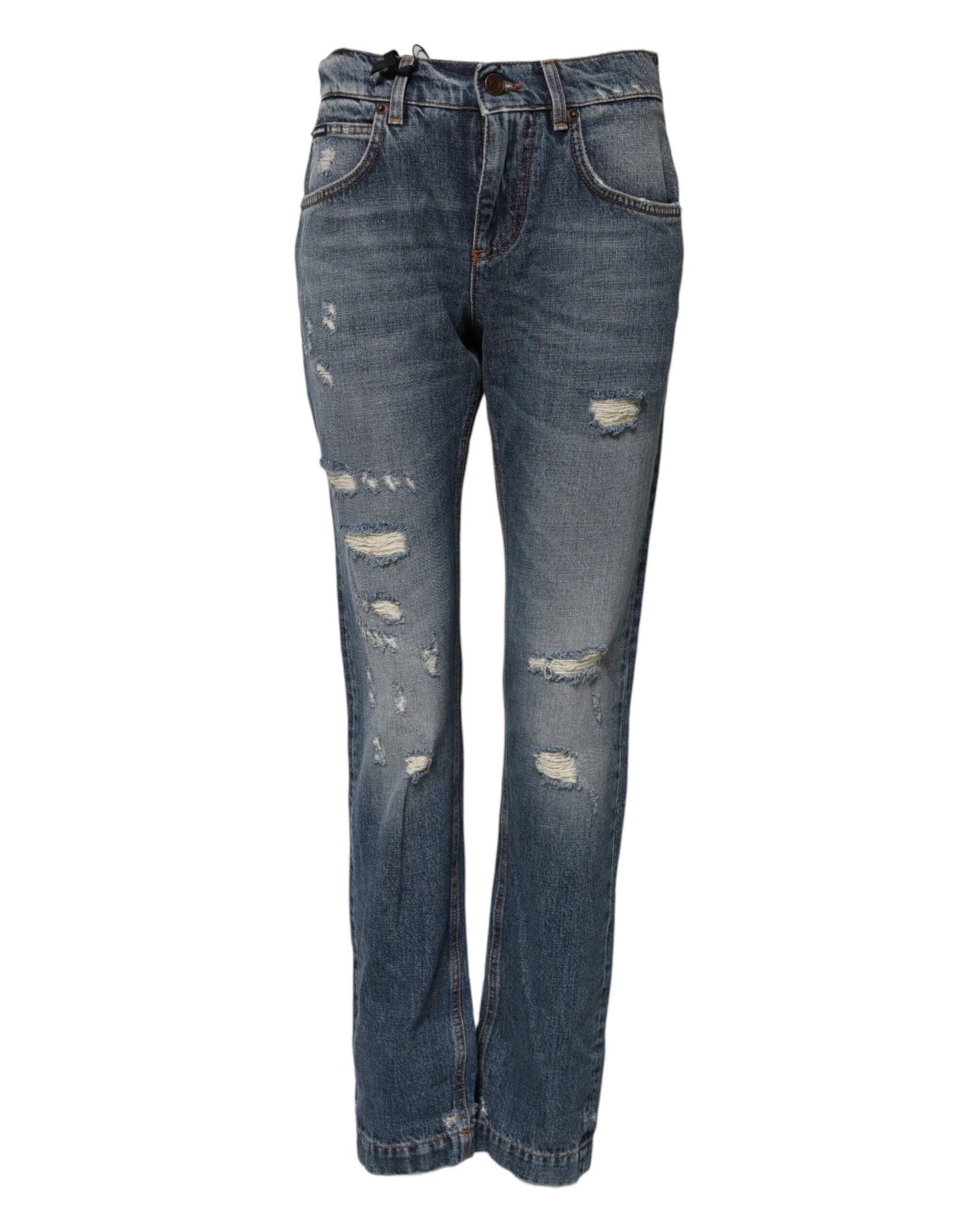Dolce & Gabbana Blue Cotton Tattered Mid Waist Denim Jeans - Zeiniez