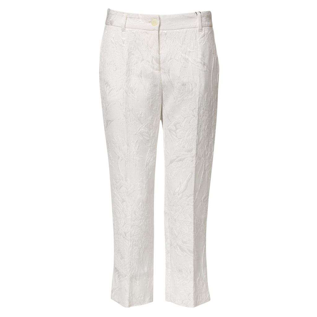 Dolce & Gabbana White Cotton Floral Jacquard Pants