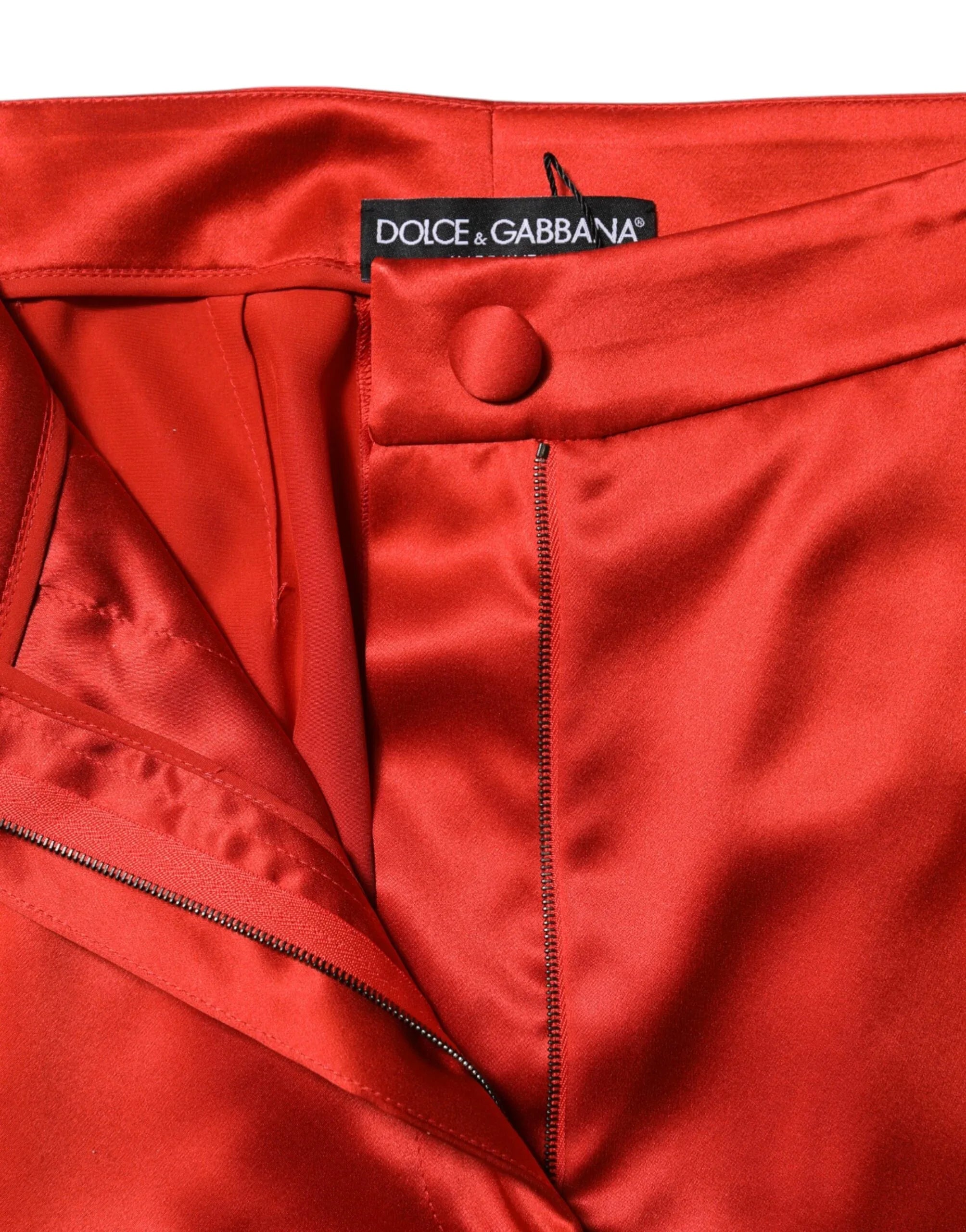 Dolce & Gabbana Red Satin High Waist Wide Leg Pants - Zeiniez