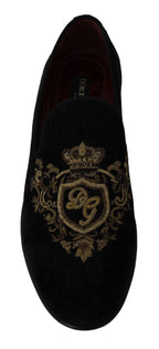 Dolce & Gabbana Loafers Black Velvet Gold Crown - Zeiniez