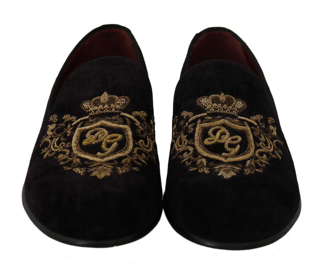 Dolce & Gabbana Loafers Black Velvet Gold Crown - Zeiniez