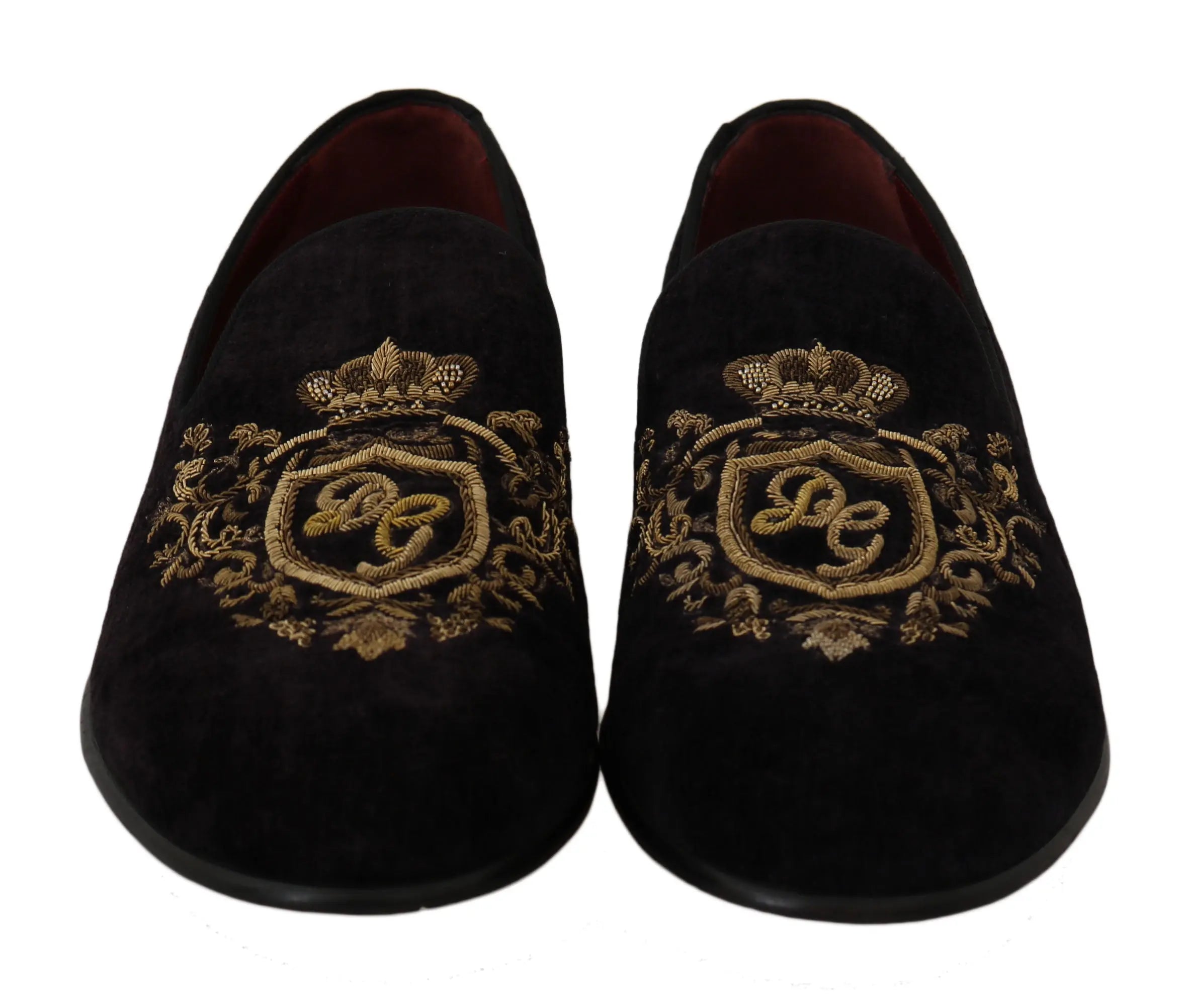 Dolce & Gabbana Loafers Black Velvet Gold Crown - Zeiniez