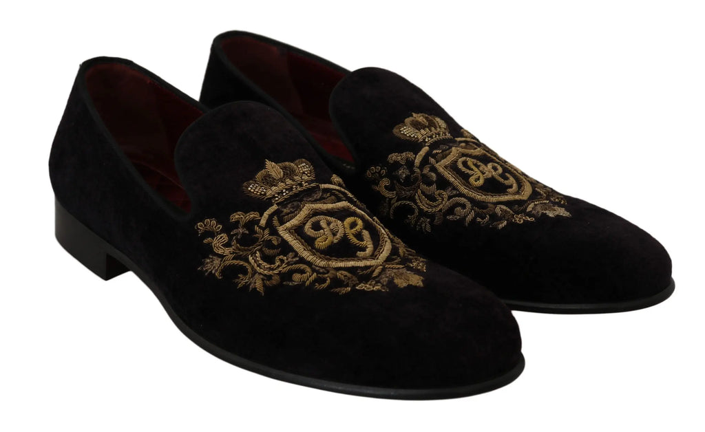 Dolce & Gabbana Loafers Black Velvet Gold Crown - Zeiniez