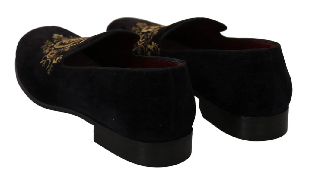 Dolce & Gabbana Loafers Black Velvet Gold Crown - Zeiniez