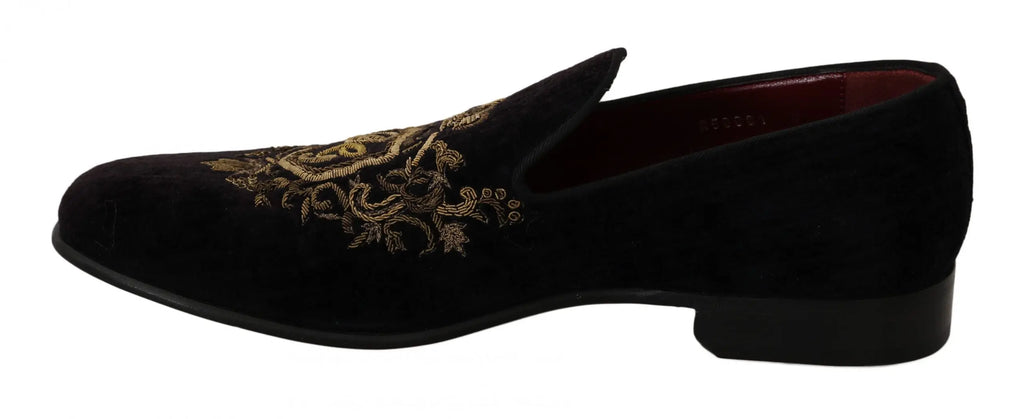 Dolce & Gabbana Loafers Black Velvet Gold Crown - Zeiniez