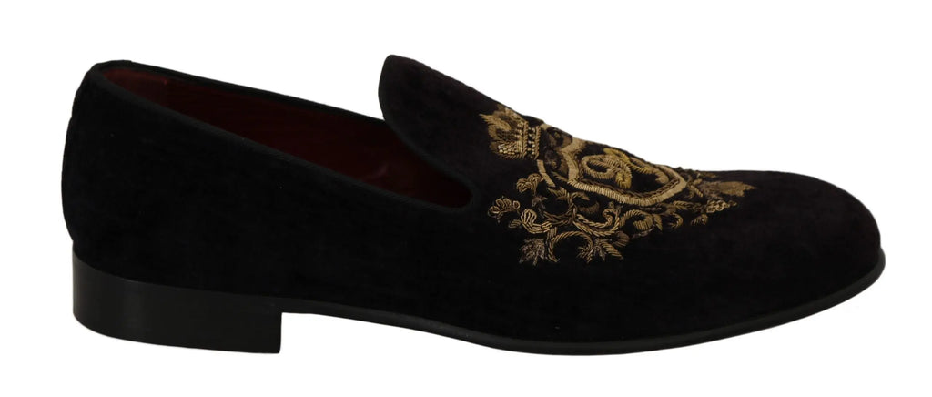 Dolce & Gabbana Loafers Black Velvet Gold Crown - Zeiniez