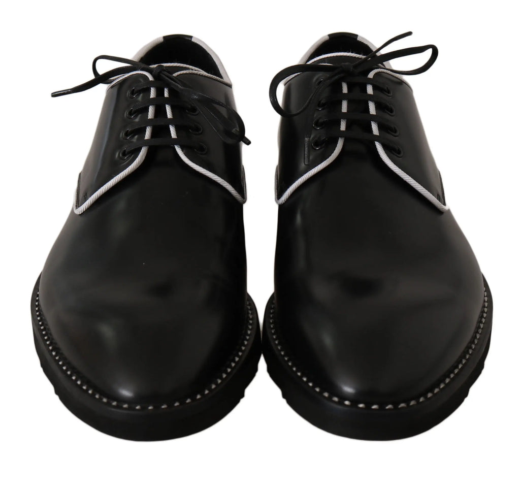 Dolce & Gabbana Black Leather White Line Dress Derby Shoes - Zeiniez