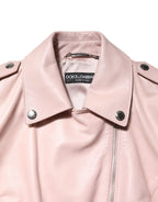 Dolce & Gabbana Light Pink Collar Leather Women Biker Jacket - Zeiniez