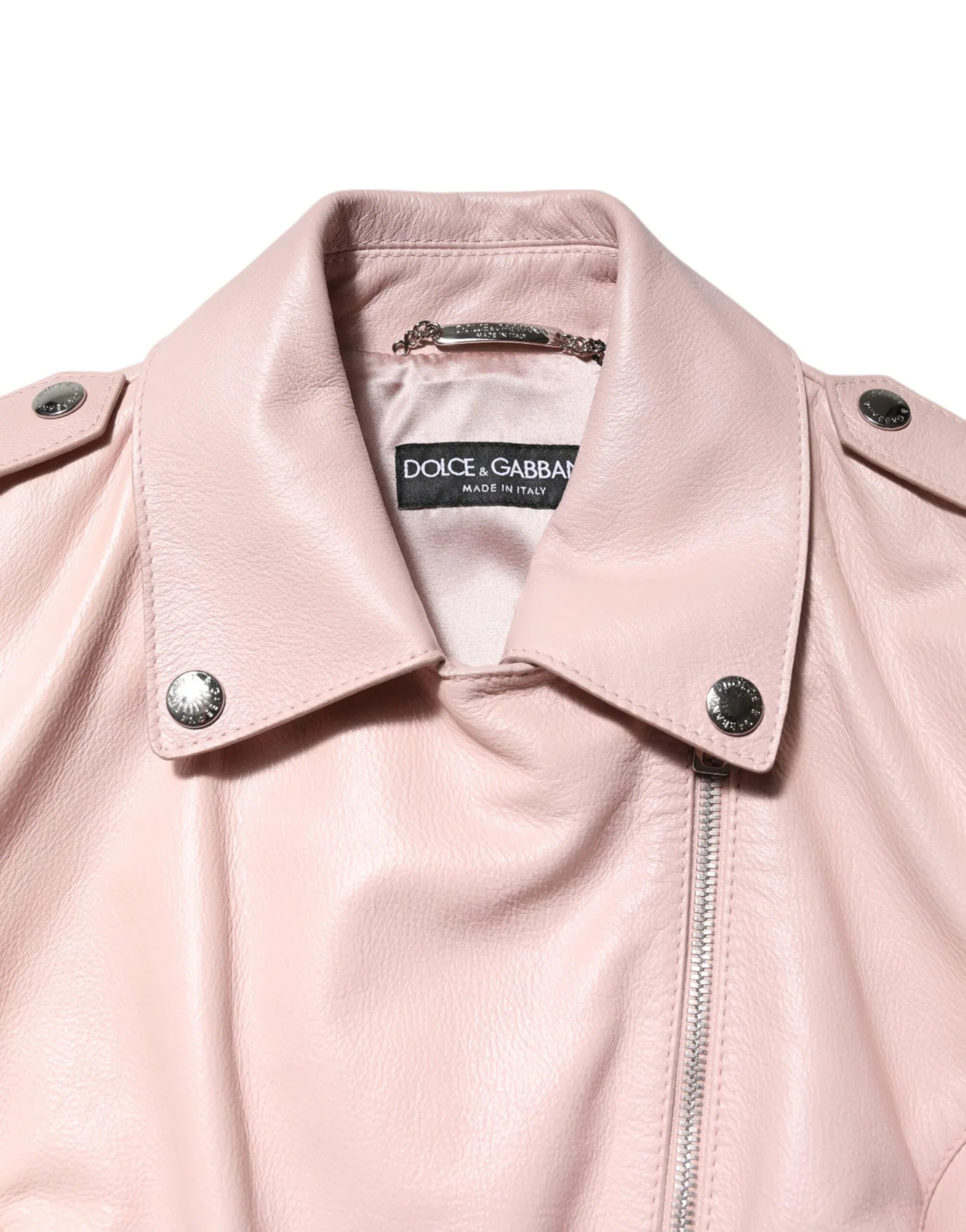 Dolce & Gabbana Light Pink Collar Leather Women Biker Jacket - Zeiniez