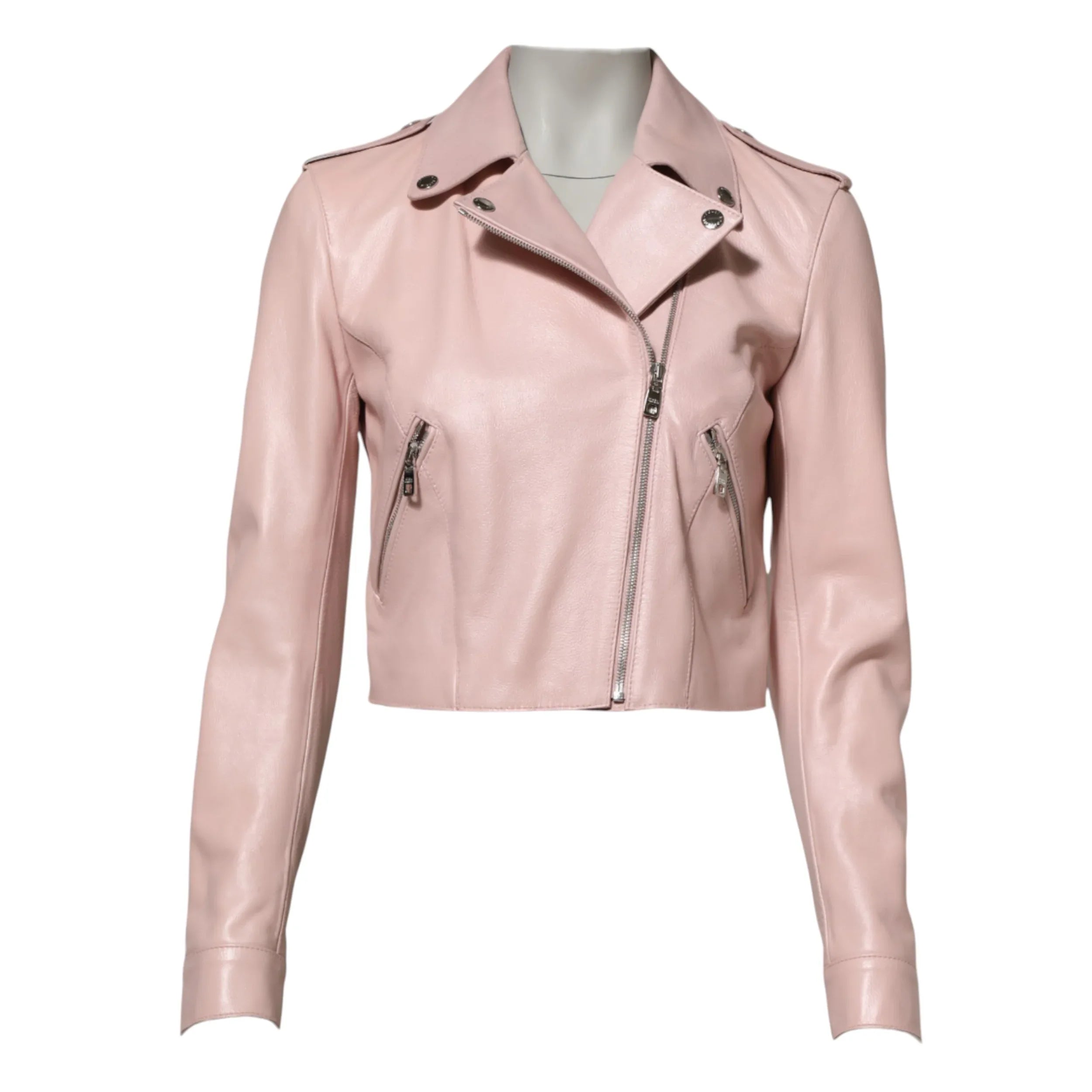 Dolce & Gabbana Light Pink Collar Leather Women Biker Jacket - Zeiniez