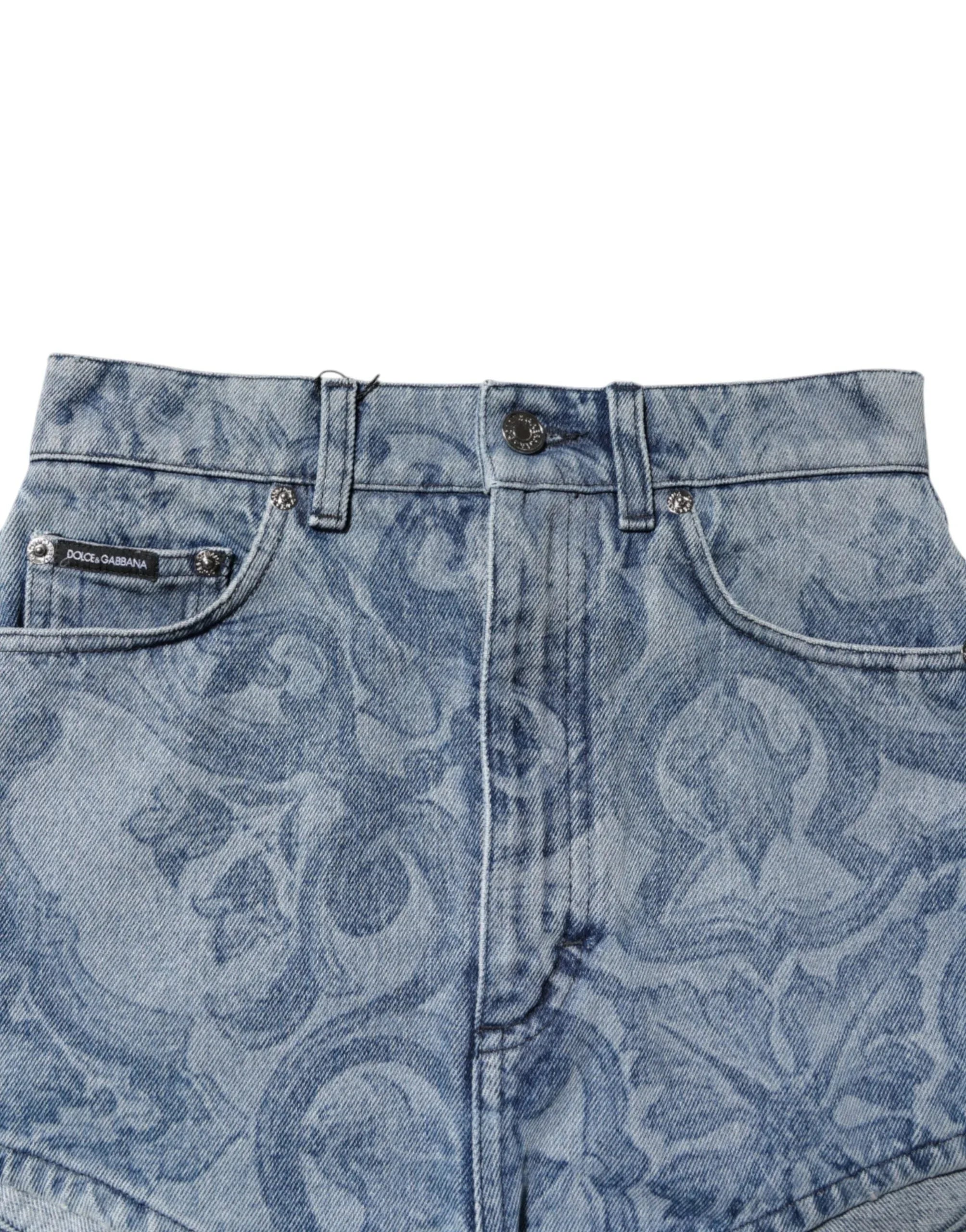 Dolce & Gabbana Blue Floral Print Denim Cotton Hot Pants Shorts - Zeiniez