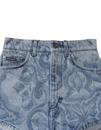 Dolce & Gabbana Blue Floral Print Denim Cotton Hot Pants Shorts