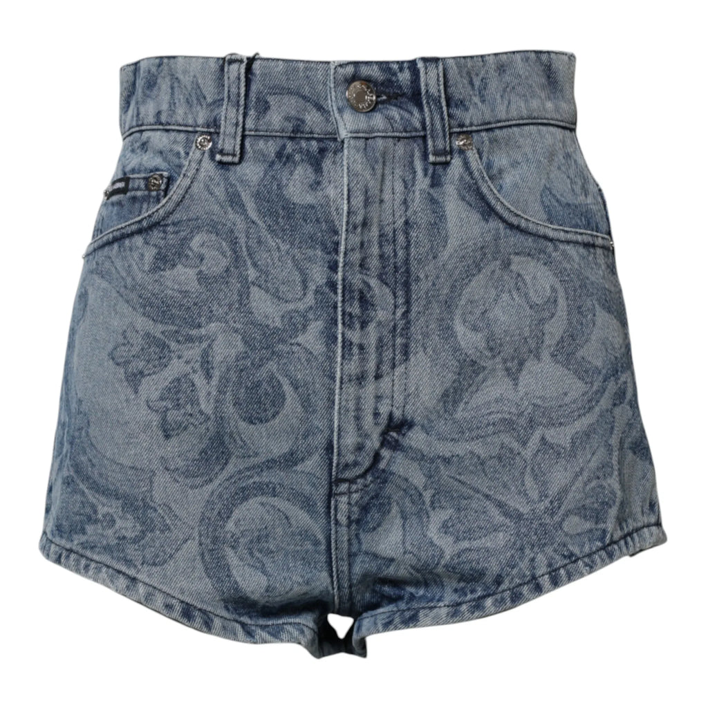 Dolce & Gabbana Blue Floral Print Denim Cotton Hot Pants Shorts - Zeiniez