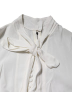Dolce & Gabbana White Viscose Ascot Collar Long Sleeves Top - Zeiniez