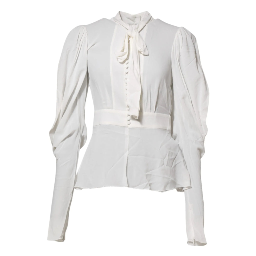 Dolce & Gabbana White Viscose Ascot Collar Long Sleeves Top - Zeiniez