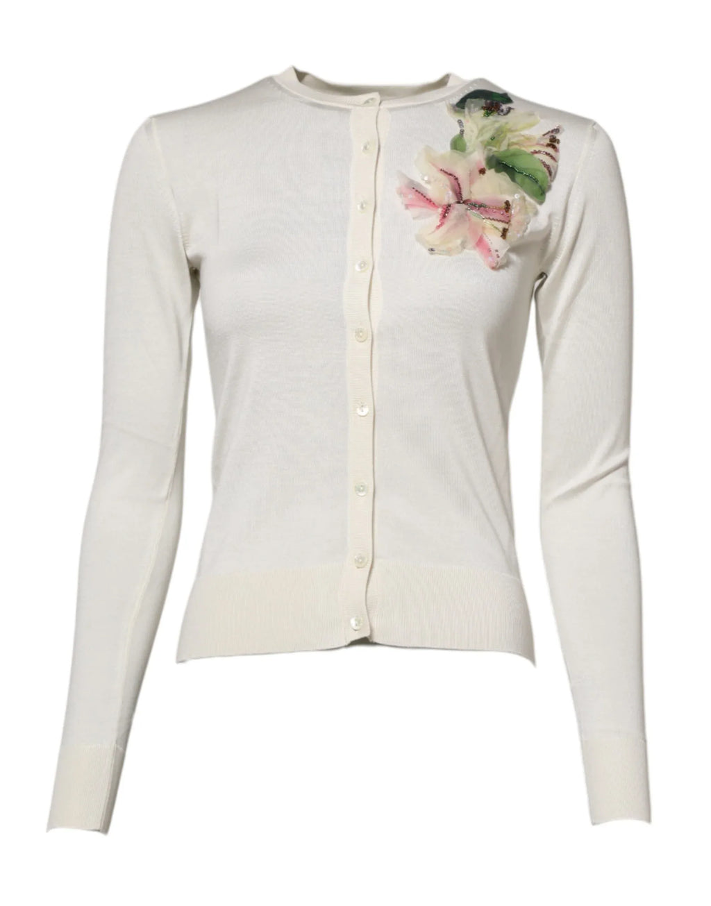 Dolce & Gabbana White Silk Lily Buttoned Cardigan Sweater - Zeiniez