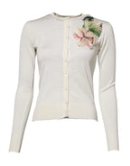Dolce & Gabbana White Silk Lily Buttoned Cardigan Sweater - Zeiniez