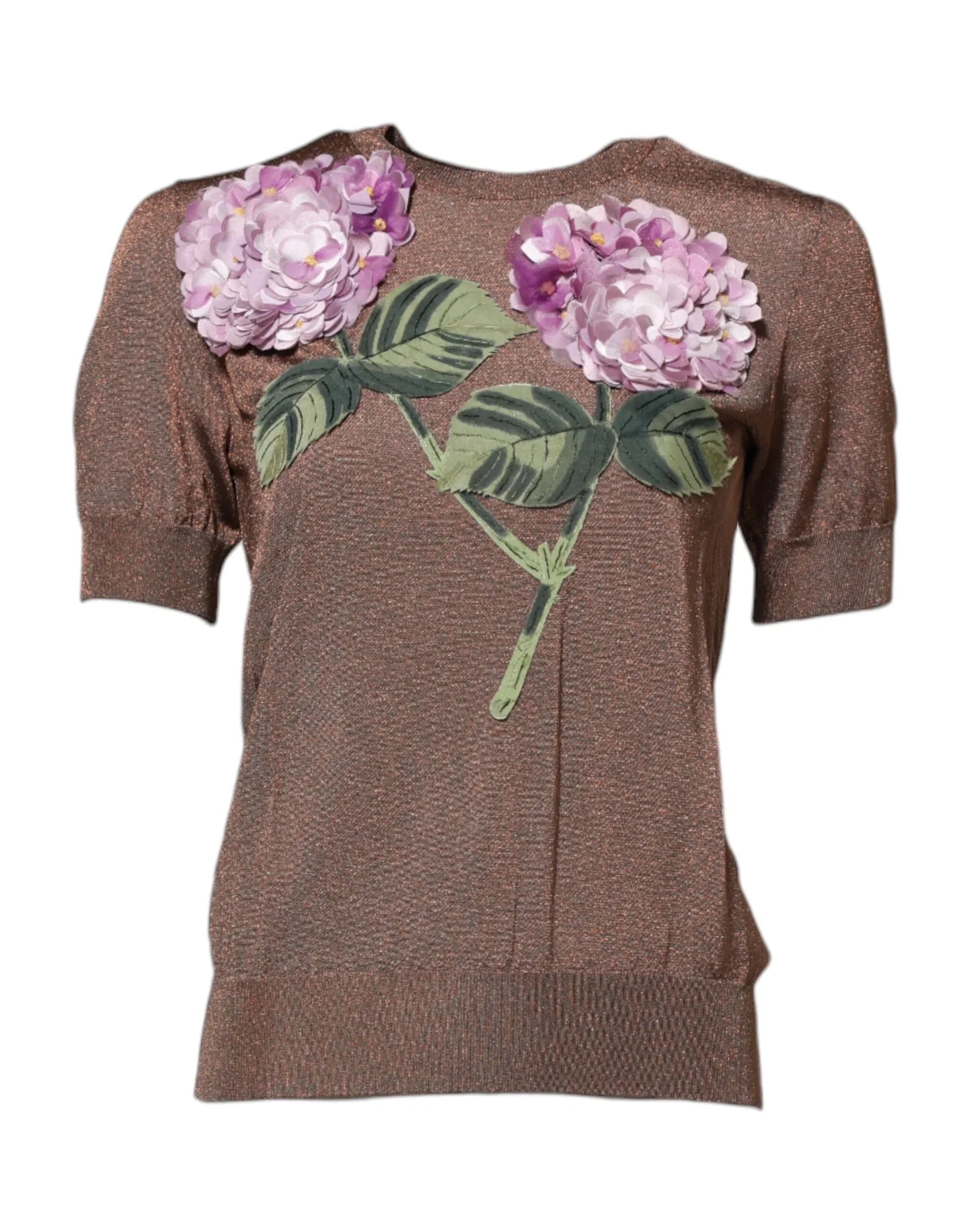Dolce & Gabbana Brown Lily Embellished Round Neck Blouse Top - Zeiniez