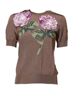 Dolce & Gabbana Brown Lily Embellished Round Neck Blouse Top - Zeiniez