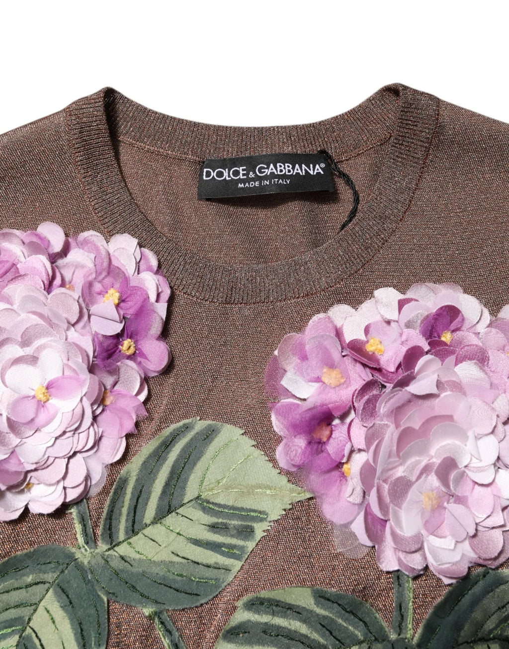 Dolce & Gabbana Brown Lily Embellished Round Neck Blouse Top - Zeiniez