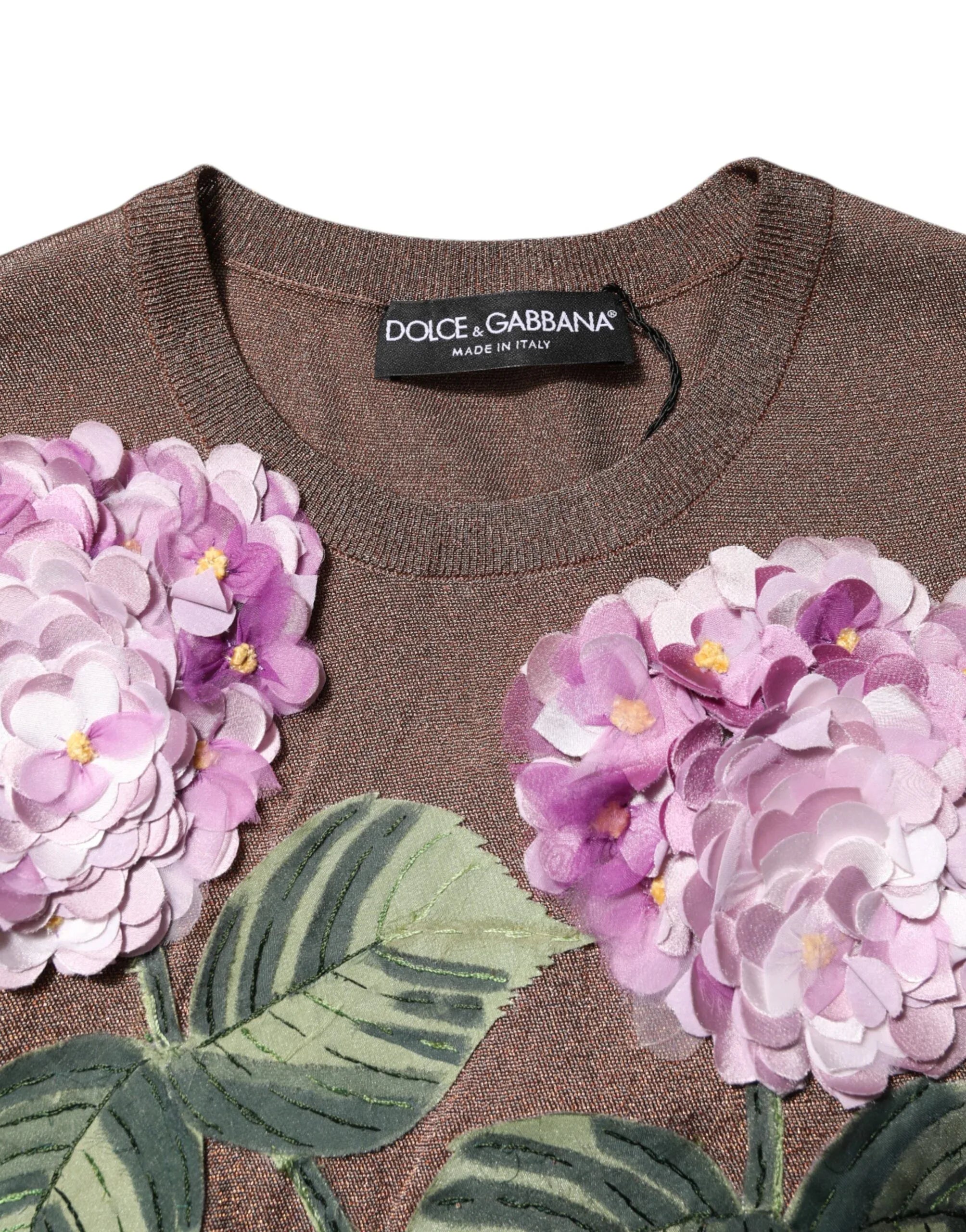 Dolce & Gabbana Brown Lily Embellished Round Neck Blouse Top - Zeiniez