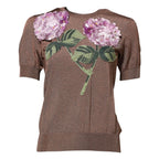 Dolce & Gabbana Brown Lily Embellished Round Neck Blouse Top - Zeiniez