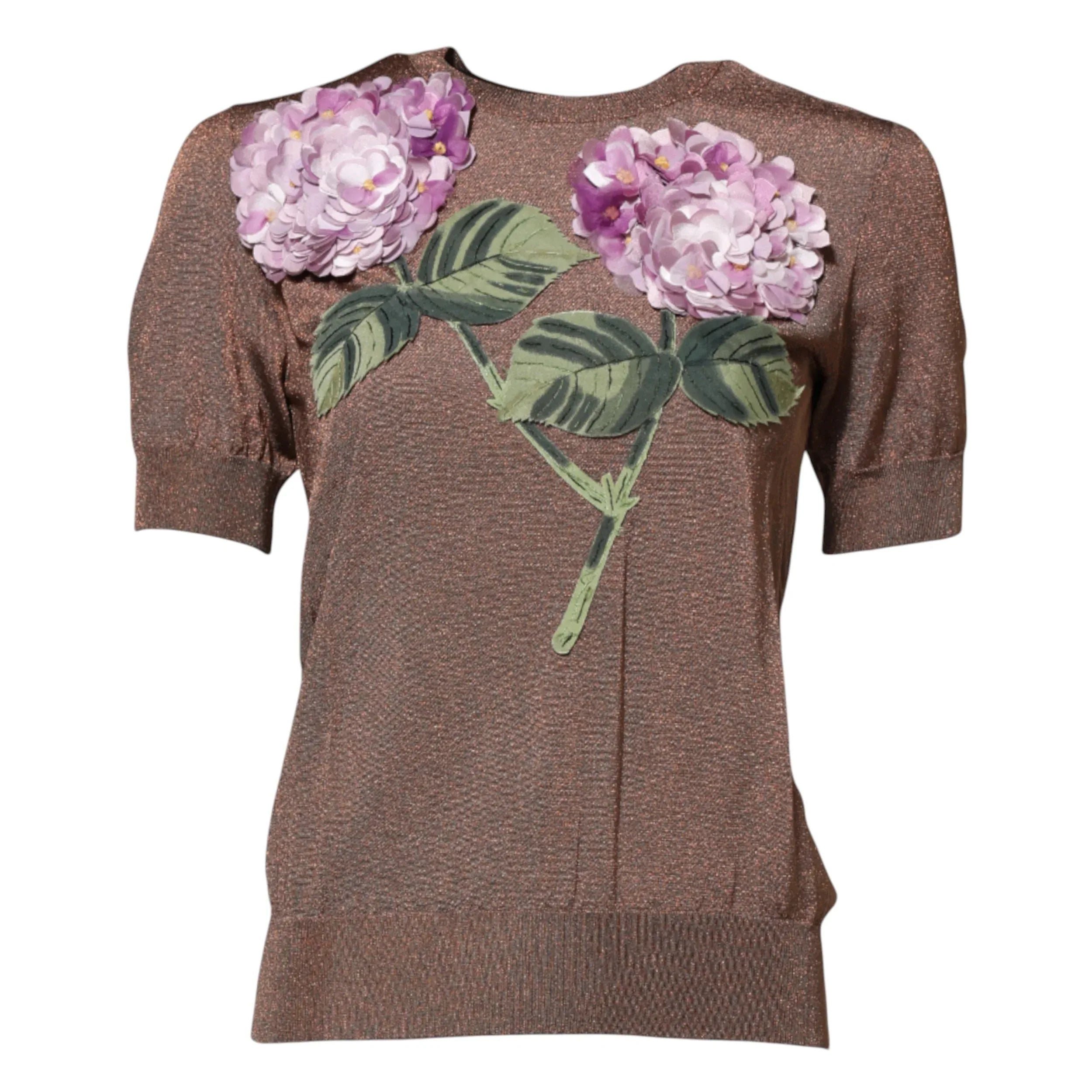 Dolce & Gabbana Brown Lily Embellished Round Neck Blouse Top - Zeiniez